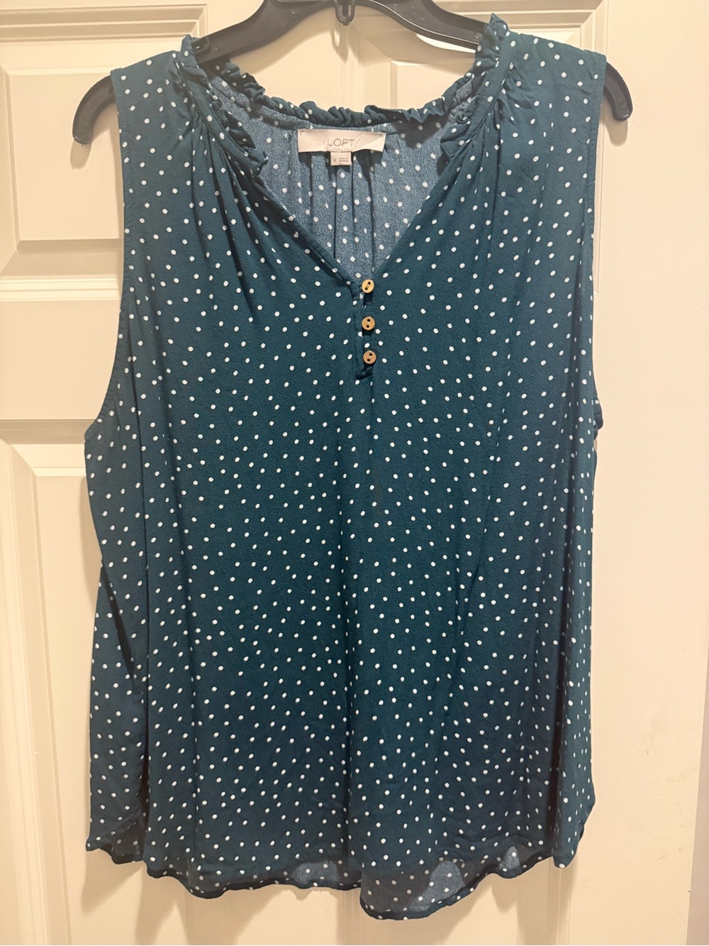 LOFT Teal Polka Dot Ruffled Neck Sleeveless Top